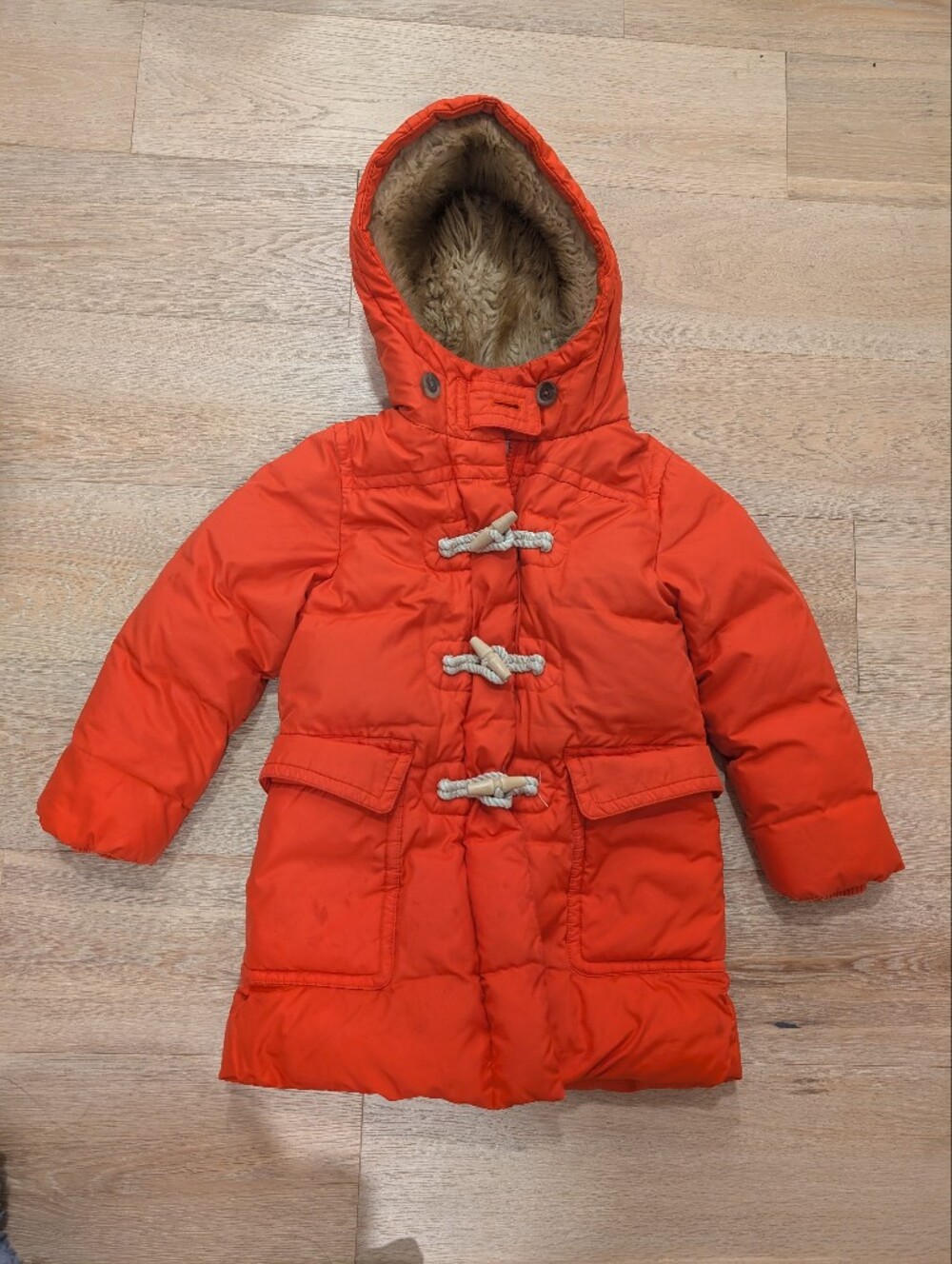 Kids Orange Hooded Puffer Coat with Toggle Closures